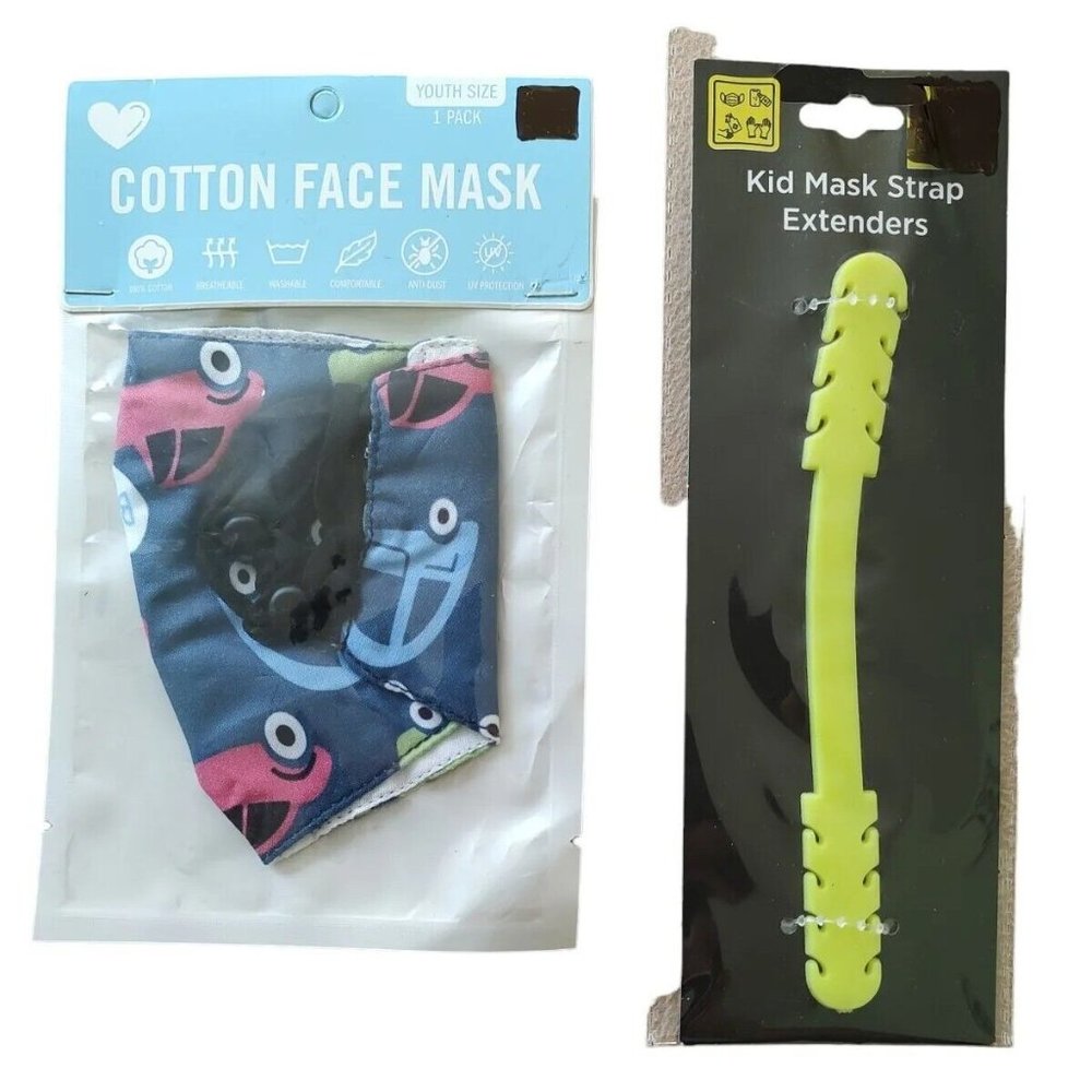 Lot of 2 Cotton Non-Medical Car Face Mask Youth Size & Kids Mask Strap Extender